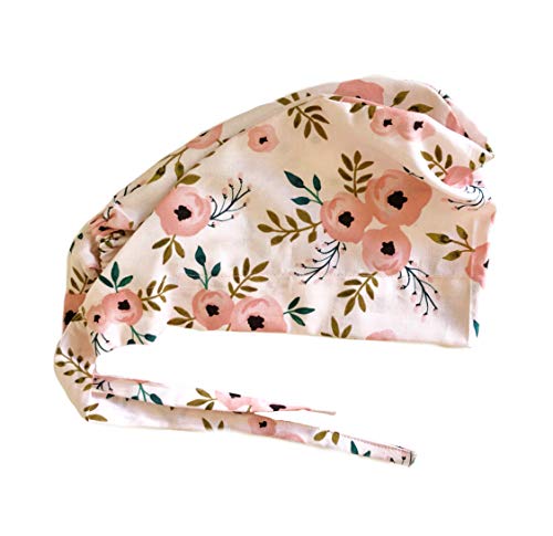 Women's Front Fold Tie Back Scrub Cap Surgical Cap Pink Flowers