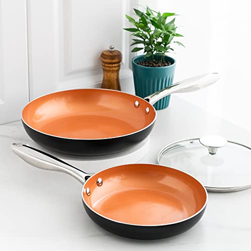 MICHELANGELO Copper Non-Stick Frying Pan Set - 8, 10 & 12 Inch Skillets With Glass Lids, Ceramic Coating