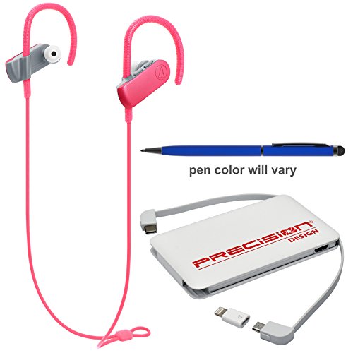 Audio-Technica ATH-SPORT50BT SonicSport Wireless Bluetooth in-Ear Headphones (Pink) with Power Bank + Stylus Pen + Kit