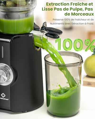 LINKChef Vertical Juicer | Slow Juicer 200W | Wide Mouth 115 mm for Whole Fruit & Vegetable | With Recipe Book, Easy Cleaning, BPA Free, Black