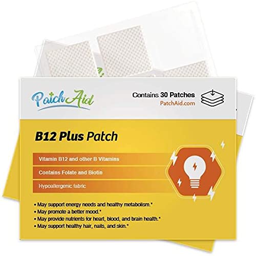 Patch Aid B12 Plus - 30 Daily Topical Patches. 100% Natural & Vegan. Allergy & Filler Free. High Absorption and More bioavailable. Suitable for Sensitive stomachs & bariatric.