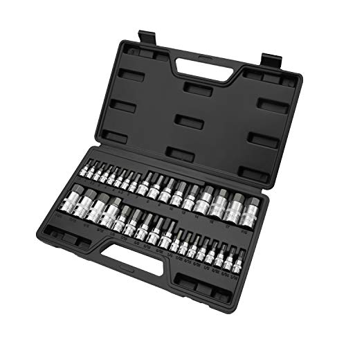 Master Hex Bit Socket Set Allen Wrench Bit Kit, 1/2" 3/8" 1/4" Drive, SAE and Metric, S2 Steel, 34-Piece, Automotive Bike Motorcycle and ATV