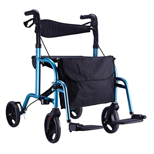 LMEIL 4 Wheels Walker Rollator Adjustable Height Adult Folding Transport Chair, Reversible Backrest, Detachable Footrests and Detachable Storage Bag for Elderly