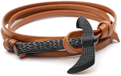 Happiness Jewelry Unisex PU Leather Wrap Bangle Vikings Sailing Bracelet With Black Nautical Hamaxe Axe Alloy Hook Clasp 30 Inches (Khaki / Black)