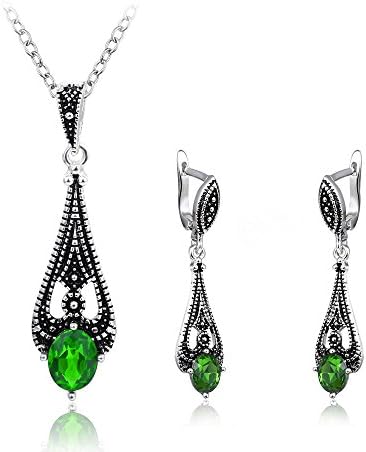 Teniu Emerald Green Crystal Necklace and Earring Sets for Women Jewelry Sets Sterling Silver
