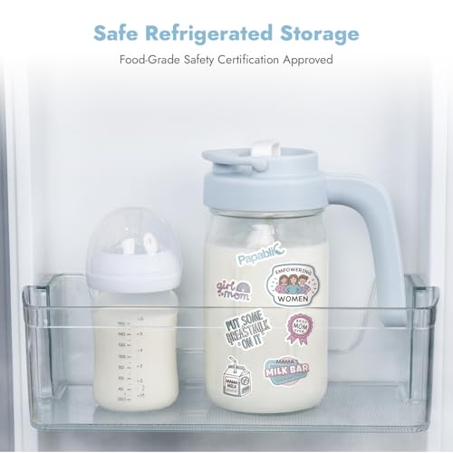 Papablic Breast Milk Pitcher, Glass Formula Mixer with Easy-Blend Handle Lid, Leakproof Breastmilk Fridge Storage Container, Wide Mouth, BPA-Free, Baby Feeding Pitcher, Blue