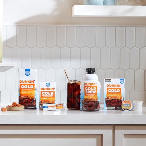 DUNKIN’ COLD ICED COFFEE, CARAMEL ARTIFICIALLY FLAVORED KEURIG K-CUP PODS, 10 COUNT BOX