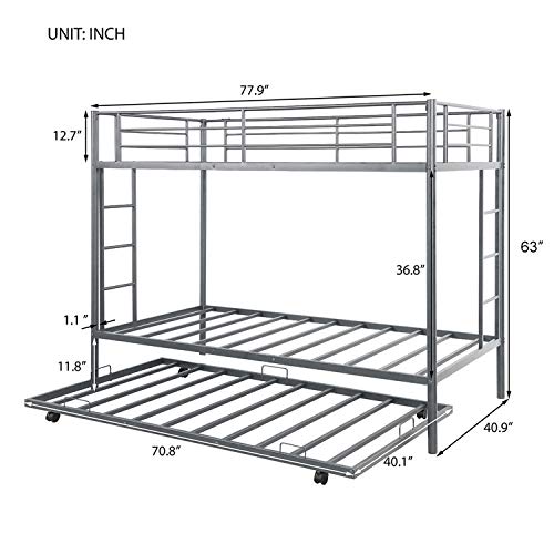 Twin Over Twin Metal Bunk Bed with Trundle, Rockjame Space Saving Design Sleeping Bedroom Bed Frame with 2 Ladders and Safety Rail for Boys, Girls, Kids, Young Teens and Adults (Sliver)