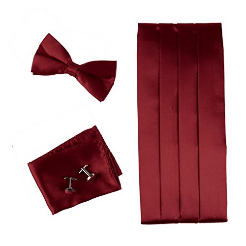 Burgundy Formal Pre-tied Bow Tie Hanky Cufflinks and Cummerbund Set with Gift Box Cm1014  Red