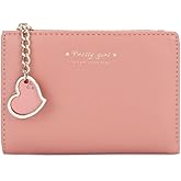 Small Wallet with Heart Pendant Bifold Wallet Zipper Pocket Cash Card Holder Coin Purse for Women Girls (PINK)