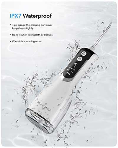 MonaSmile 350ML Cordless Water Flosser Pick, 5 Modes, 4 Nozzles, IPX7 Waterproof, Battery Indicator, Portable Oral Irrigator for Teeth Deep Cleaning, Home Travel Use (White)