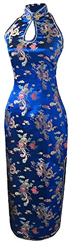 7Fairy Women's Navy Blue Dragon Halter Backless Long Chinese Dress
