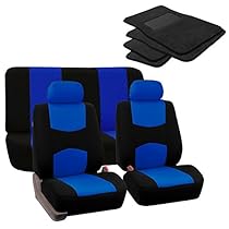 FH GROUP FH-FB050112 + C14403: Blue Modern Flat Cloth Seat Covers and Black Carpet Floor Mats- Fit Most Car, Truck, Suv, or Van