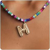 Dkodfi Colorful Initial Necklaces for Women – Bubble Letter Necklace - 14K Gold Plated Letter Beaded Choker, Dainty Cute Beach Boho Necklaces for Women Adjustable Beach Jewelry Gift Colorful Necklace