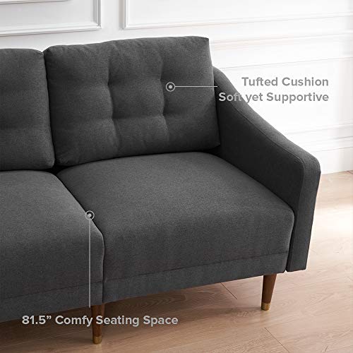 Mopio Savannah Futon Sofa Mid-Century Modern Couch, Fabric Upholstered Sofa with Tufted Back and Tapered Gold Caps Legs, 81.5" W, 3 Seater Sofa Suit for Living Room, Dark Gray