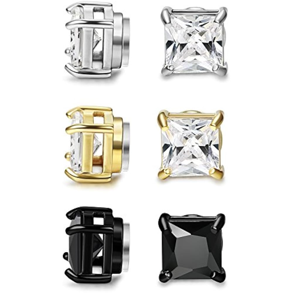 3 Pairs Stainless Steel Earrings Men Women CZ Studs Earrings