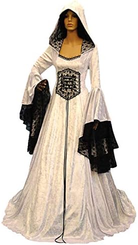 dingnengshop Women Medieval Long Dress Renaissance Costumes Lady Satin Elegant Lace up Hoodie Maxi Dress