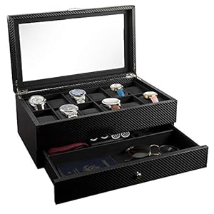 Watch-Box-Display-Case-Organizer-For-Men-First-Class-Jewelry-Watch-Holder-12-Watch-Slots-Valet-Drawer-for-Sunglasses-Rings-Phone-Sleek-Black-Color-Glass-Top-Carbon-Fiber-Faux-Leather