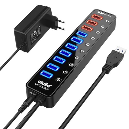 USB 3.0 Multi-Socket Hub, Atolla 11 Ports USB Powered Hub, AVCE 7 Ports Data Transfer 5Gbps, 4 Ports Smart Charge and Individual Switches and LED Power Supply, 12V/4A Adapter
