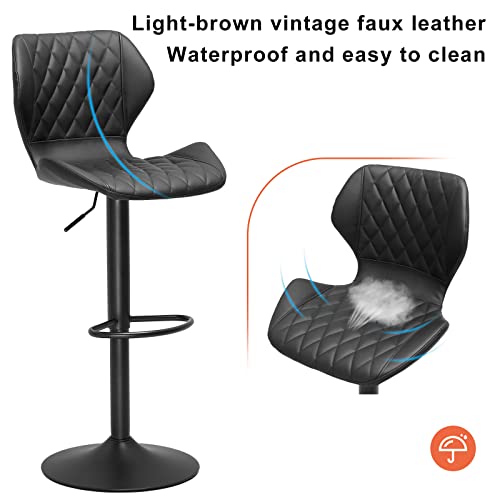 DICTAC Leather Bar Stools Set of 2 Black Adjustable Height Bar Chairs