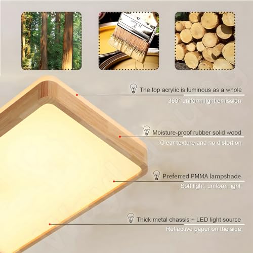 WayLuoung LED Wood Ceiling Light | 80 x 60 cm 3000-6000 K 78 W | Rectangular Natural Wood Lamp 360° Glow for Bedroom Living Room Children's Bedroom Kitchen Room (Dimmable with Remote Control)