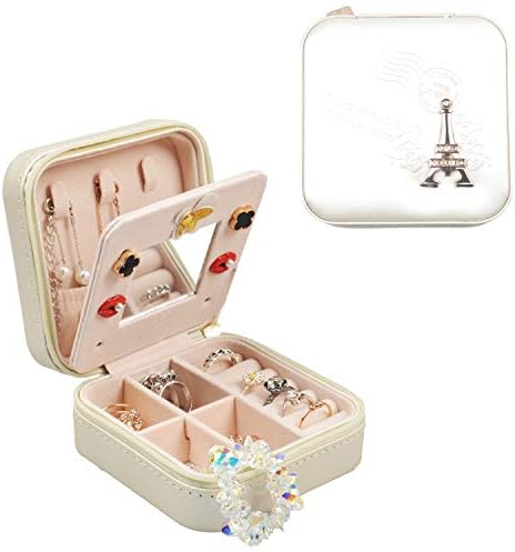 Fangoo Small Jewelry Case Travel Jewelry Case Organizer Display Storage for Rings Earrings Necklace Lipsticks Faux Leather Jewelry Organizer Zipper for Women and Girls (White)
