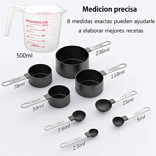 8 Cucharas Medidoras y Tazas Medidoras,Herramientas de Medición de Cocina Apilables con Mango de Acero Inoxidable,Tazas Medidoras de Cocina para Medir Líquidos y Los Ingredientes