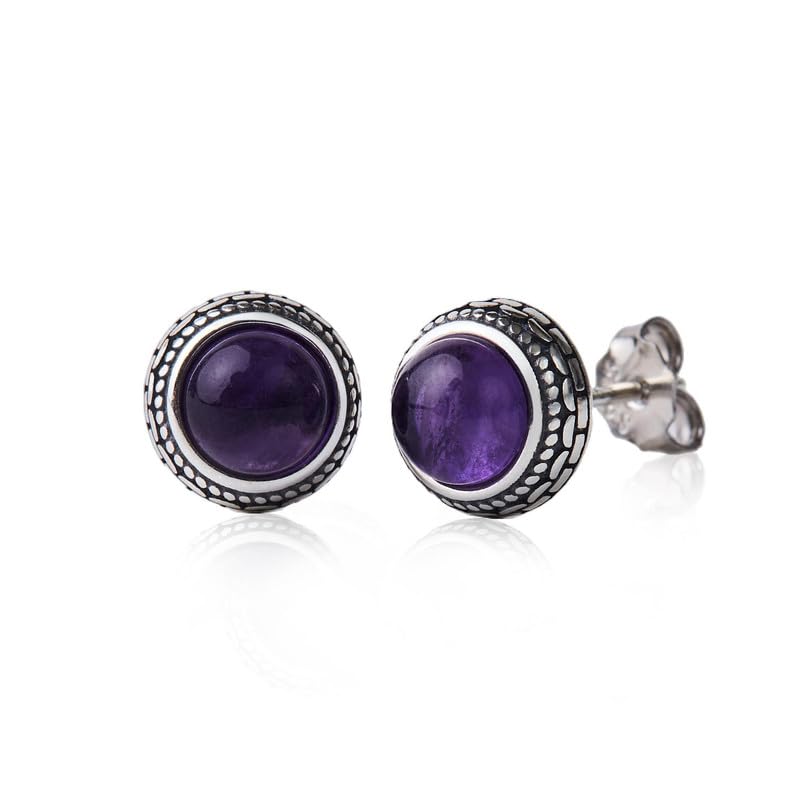 Photo 1 of Small Genuine Purple Amethyst 925 Sterling Silver Hypoallergenic Earrings Stud Jewelry for Women Handmade Trendy Western Antiqued Dainty February Birthstone Crystal Gift for Her