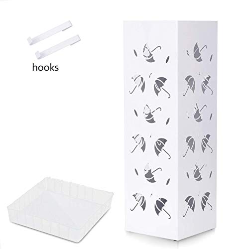 Amzdeal Umbrella Stand Rack Holder Free Stand for Canes Walking/Sticks with 2 Hooks Drip Tray, Fully Metal, Anti-Rust, Heavy, Large, White - Thumbnail 3