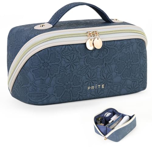 Prite Kosmetiktasche Reise Make Up Tasche mit Pinsel-Fächer, Blau, L