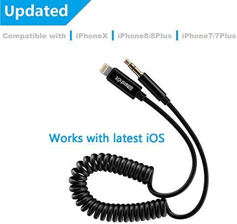 Updated Lightning to 3.5mm Male Aux Stereo Audio Cable, iPhone 7 8 X Spring Extented Coiled Aux Cable, Compatible with iOS 11 Lightning Port to Car Stereo Speaker Headphone AUX Jack (Spring Cable)