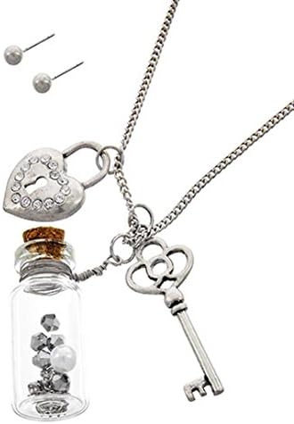 Heart Lock Key Necklace Earrings Set BB Wishing Bottle Crystal Synthetic Pearl Silver Tone