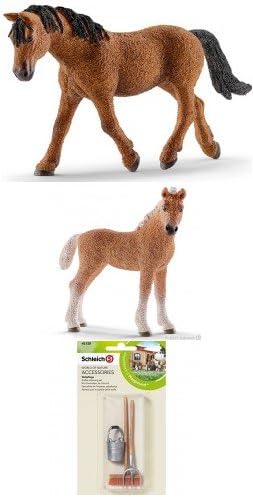 Schleich Farm Life Retired Bashkir Curly Mare and Foal Family Set of 2 with Stable Cleaning Set: 13780, 13781, and 42128 Bagged Together Partially Concealed: Durable, Realistic, Hand-painted