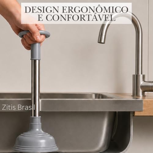 Desentupidor Pia Ralo Banheiro Cozinha Alta Pressao Ventosa Forte Cabo Metal Resistente Limpeza Encanamento Desobstrucao Manual Compacto Facil Uso Pia Tanque Vaso Sanitario Universal Multiuso (Cinza)