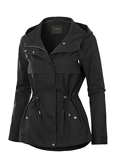 LE3NO Womens Lightweight Solid Anorak Hoodie Jacket with Drawstring Waist, Black, Small - Thumbnail 2