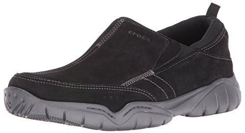 crocs Men's Swiftwater Leather Moc Flat, Black/Graphite, 10 M US