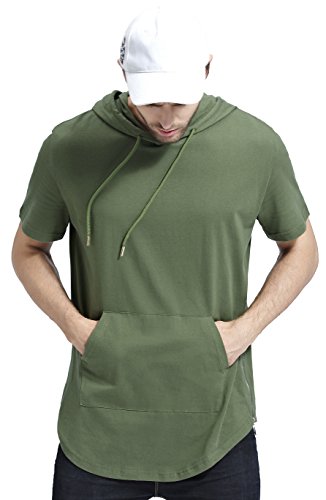 Bertte Mens Hipster Hip Hop Longline Curved Hem Short Sleeve Hoodie Zipper T-shirt , Solid Color Army/Military Green, XX-Large