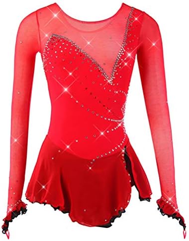 YunNR Figure Skating Dress Women's/Girls' Ice Skating Costume Red Spandex Mesh High Elasticity Breathable Handmade Novelty Competition Skating Wear Long Sleeve