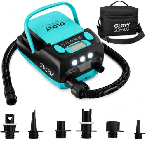 Glory Boards SUP Pump Battery Electric Pump SUP 20 PSI High Pressure Electric Air Pump with 6 Adapters for Stand Up Paddle Boards, Boats, Kayak, Air Mattresses, Tent, 230 V & 12 V Charging Function
