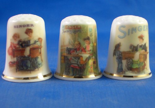 Porcelain China Collectable Thimbles - Set of Three Singer Sewing Ladies