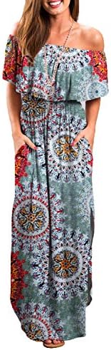 Othyroce Womens Off Shoulder Ruffle Party Long Dresses Casual Side Split Beach Maxi Dress with Pockets