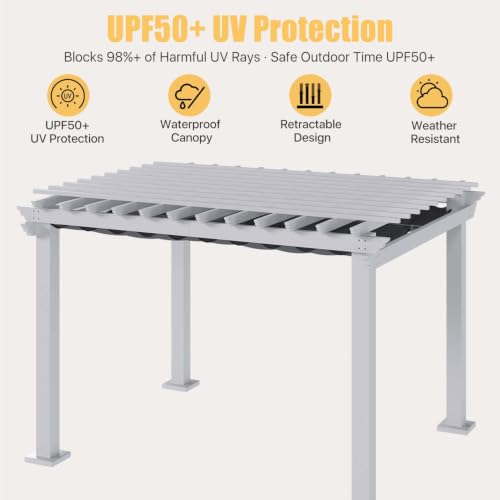12 Ft. W x 10 Ft. D Patio Pergola with Retractable Canopy, White Powder-Coated Metal Frame, Gray UPF50+ Waterproof Shade Cover, Grape Trellis Top image 11