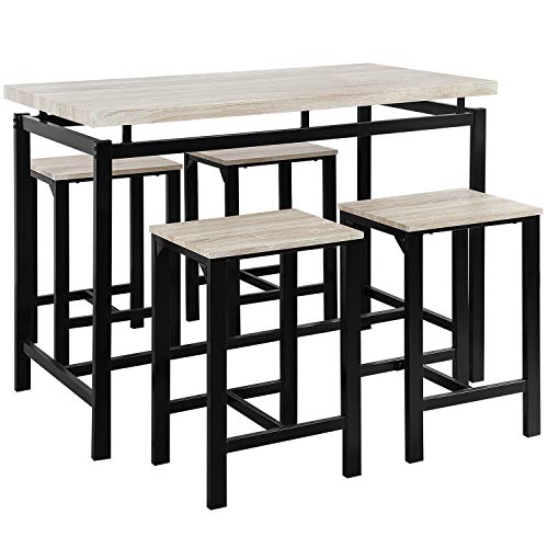 Pub Table Set, Rockjame 5 Piece Counter Height Dining Table Set with 4 Chairs for The Bar, Breakfast Nook, Kitchen Room, Dining Room and Living Room (Beige)