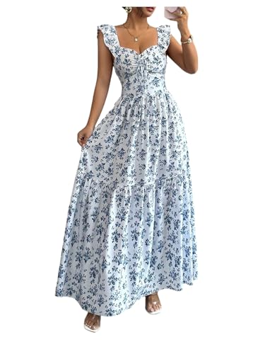 OYOANGLE Women's Polka Dots Ruffle Cap Sleeve Swing A Line Maxi Dress at Amazon