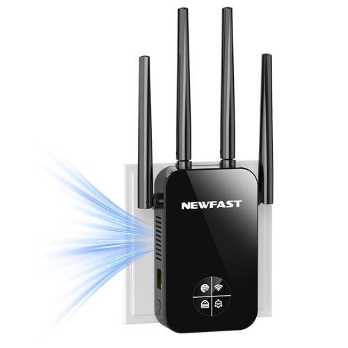 NEWFAST WLAN Amplifier, 2026 Latest WLAN Amplifier, 1200 Mbit/s Dual Band WiFi Repeater with WPS, 4 x Swivelling Antenna, Ethernet Port, WiFi Internet Amplifier Compatible with All WLAN Devices