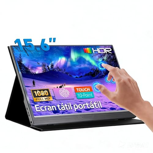 Monitor Portátil Touchscreen 15.6" - Tela Externa Full HD 1080P, Toque de 10 Pontos, Dual Type-C Mini HDMI, Alto-falantes Integrados e Capa Protetora, Plug & Play para Laptop, PC, Mac e Celular