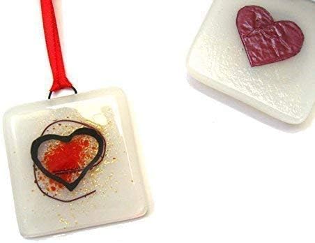 Red love heart hanging ornament, tree decoration - Romantic fused glass sun catcher