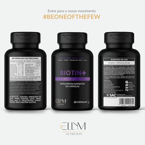 Biotina+ 180 Capsulas Ellym NUtrition Pele Cabelo e Unhas 100% Biotina MSM Acido Hialuronico Vitaminas B1 B2 B3 B5 B6 B12