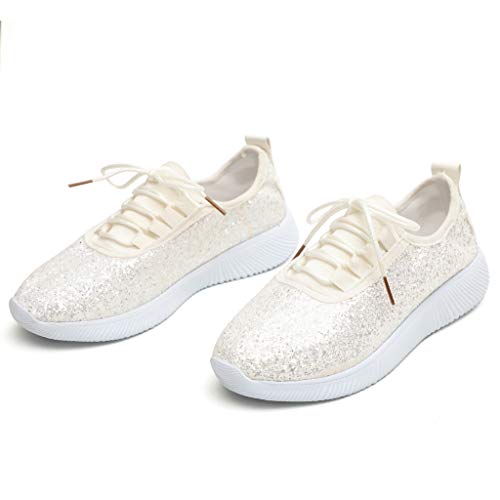 Women Glitter Sneakers, Fashion Jogger Sport Shoes Lightweight Sequin Quilted Lace Up Shoe Elastic Tongue (7.5 M US, Beige)