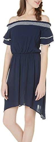 Bailey Blue Santorini Navy Off the Shoulder Pom Pom Dress (Large)